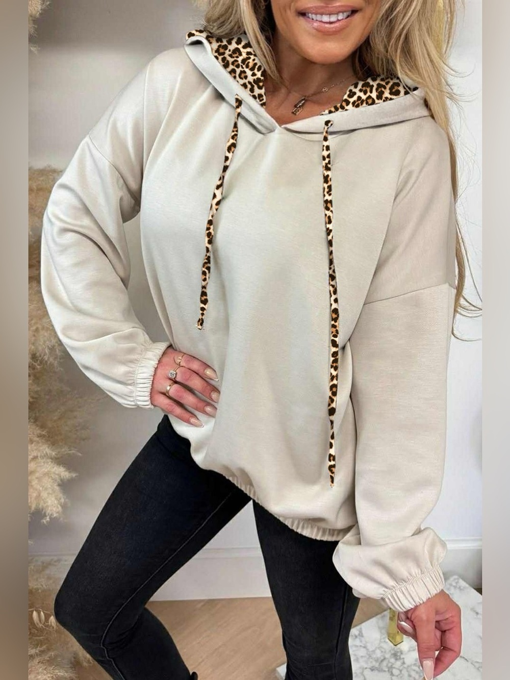 Leopard Print Lined Hoodie with Drawstring